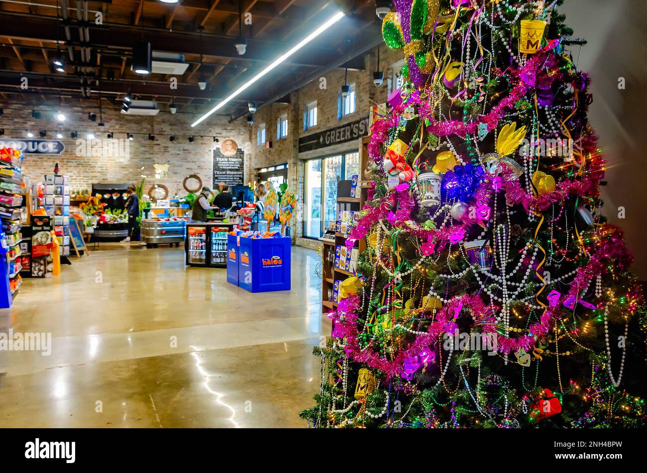 A Mardi Gras tree stands in Greer’s St. Louis Market on St. Louis Street, Jan. 6, 2023, in Mobile, Alabama. Stock Photo