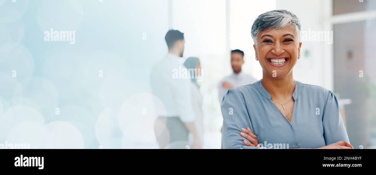 Face of a senior business woman proud and happy with company values, mission and inclusion culture in office. Workplace, corporate and smile of Stock Photo