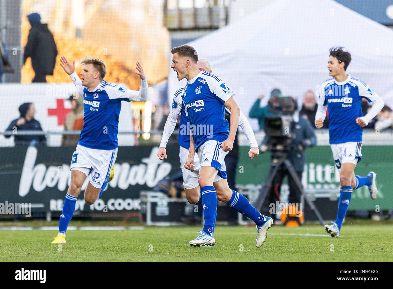Lyngby, Denmark. 19th, February 2023. Alfred Finnbogason (18) of Lyngby Boldklub equalises for 1-1 during the Danish 3F Superliga match between Lyngby Boldklub and FC Nordsjaelland at Lyngby Stadion in Lyngby. (Photo credit: Gonzales Photo - Dejan Obretkovic). Stock Photo