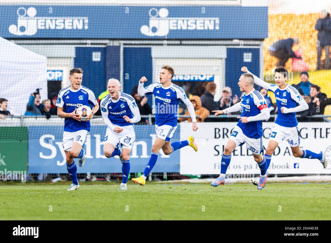 Lyngby, Denmark. 19th, February 2023. Alfred Finnbogason (18) of Lyngby Boldklub equalises for 1-1 during the Danish 3F Superliga match between Lyngby Boldklub and FC Nordsjaelland at Lyngby Stadion in Lyngby. (Photo credit: Gonzales Photo - Dejan Obretkovic). Stock Photo