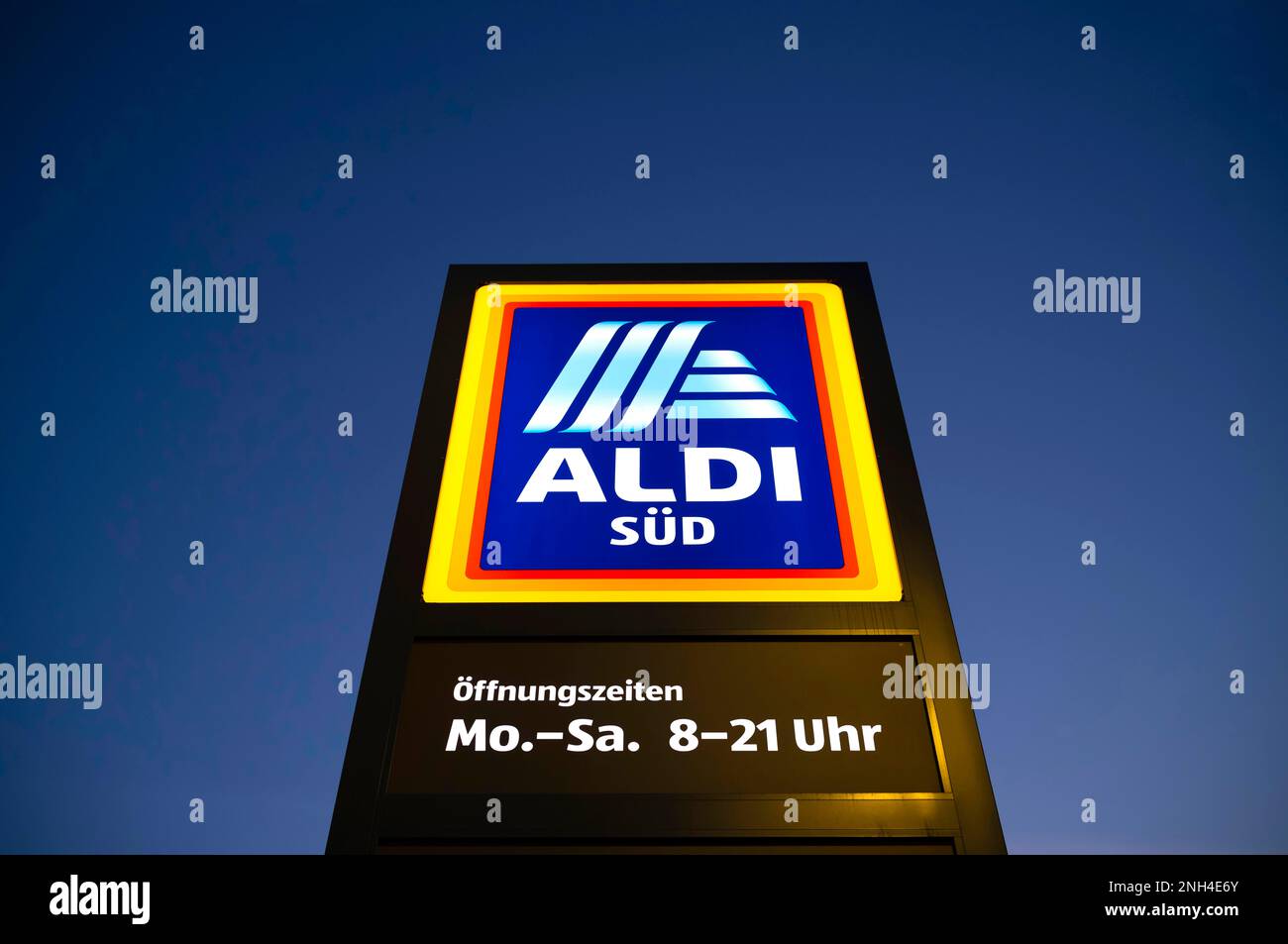 Opening hours ALDI Sued, retail chain, grocery shop, logo on sign, blue hour, Stuttgart, Baden-Wuerttemberg, Germany Stock Photo