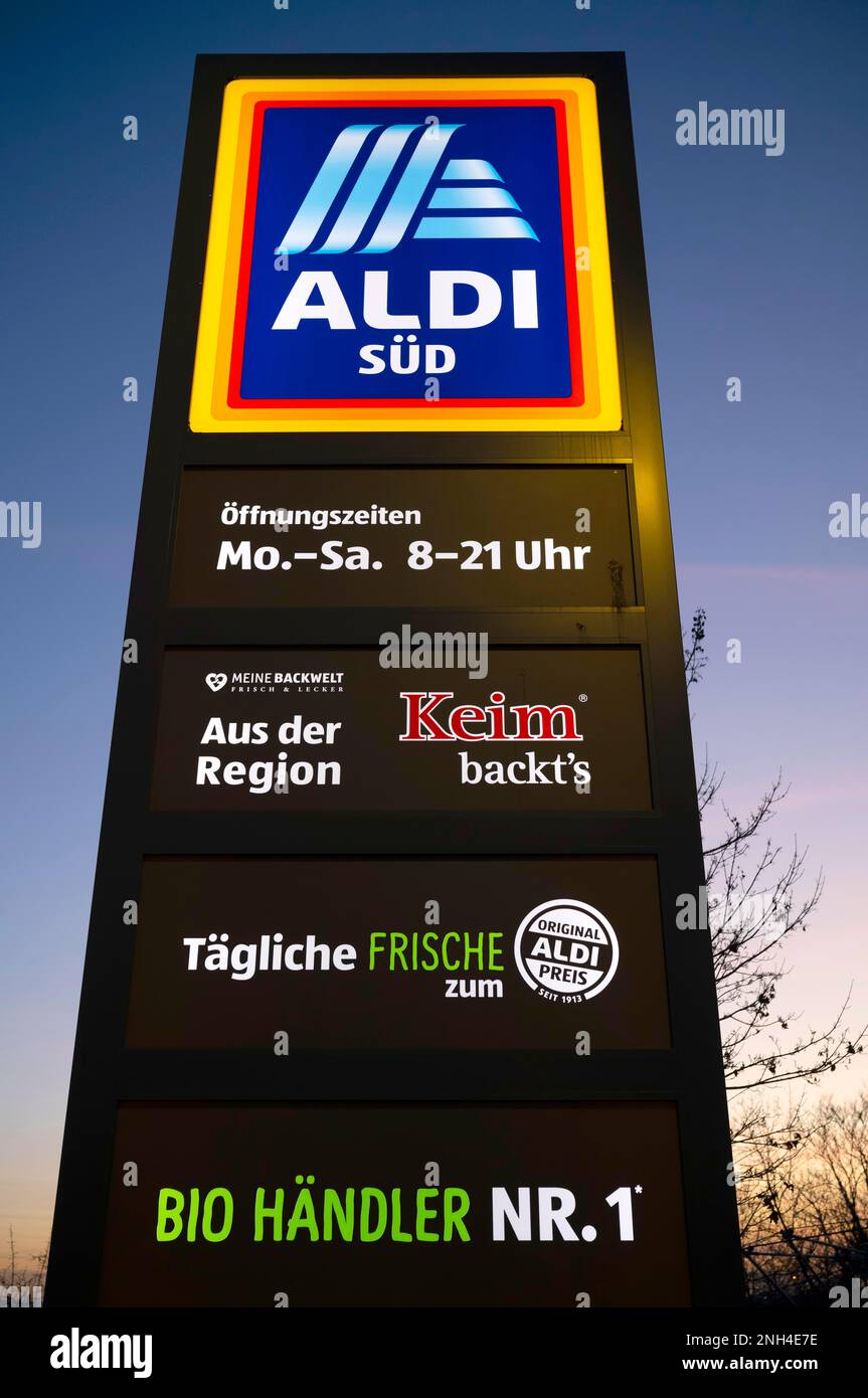 ALDI Sued, retail chain, grocery shop, logo on sign, blue hour, Stuttgart, Baden-Wuerttemberg, Germany Stock Photo