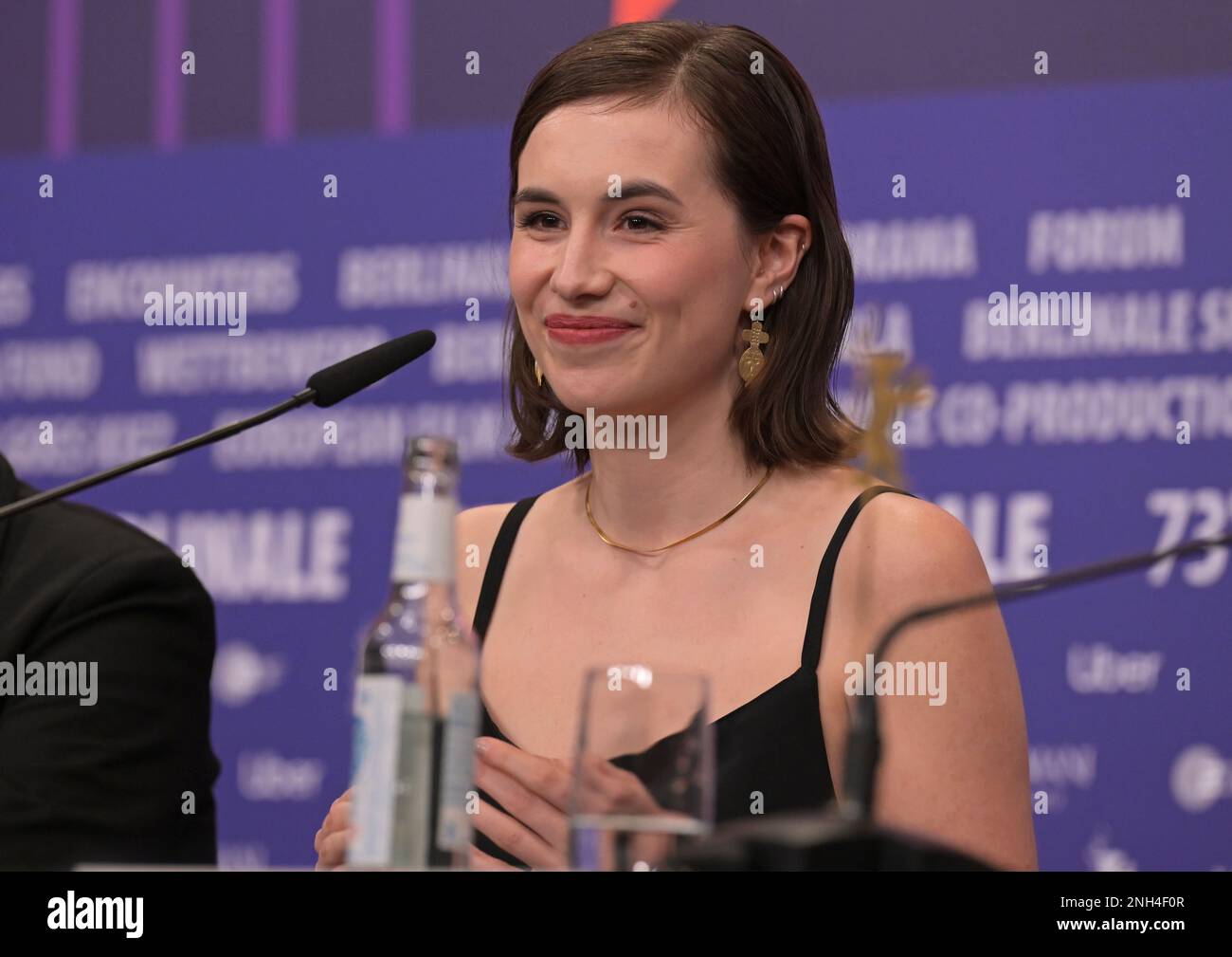 Berlin, Germany. 20th Feb, 2023. Actress Eliza Stuyck speaks at the