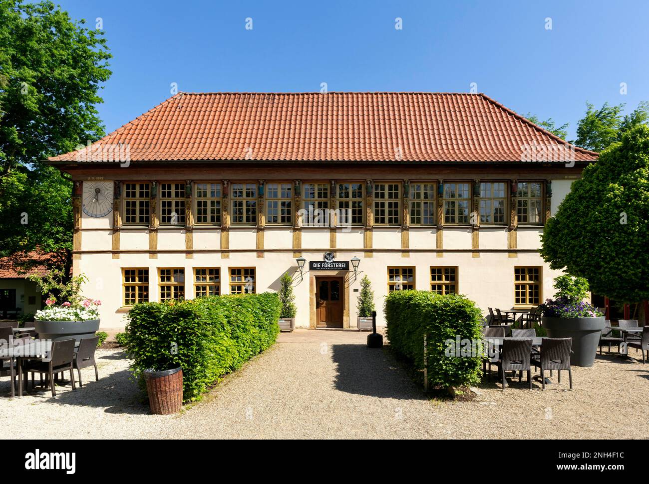 Haus Freudenthal, former tea house in the zoo, today restaurant with beer garden in the spa gardens, Bad Iburg, Lower Saxony, Germany Stock Photo