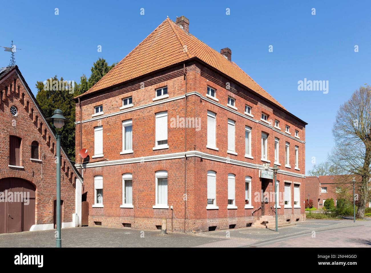 Former agricultural property or hotel with solar plant, Oeding, Suedlohn, Muensterland, North Rhine-Westphalia, Germany Stock Photo