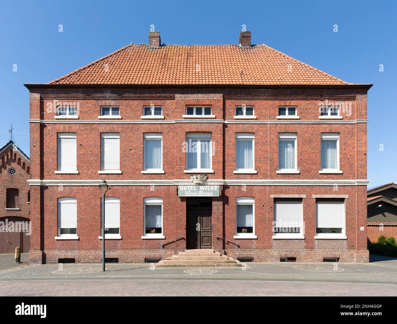 Former agricultural property or hotel with solar plant, Oeding, Suedlohn, Muensterland, North Rhine-Westphalia, Germany Stock Photo
