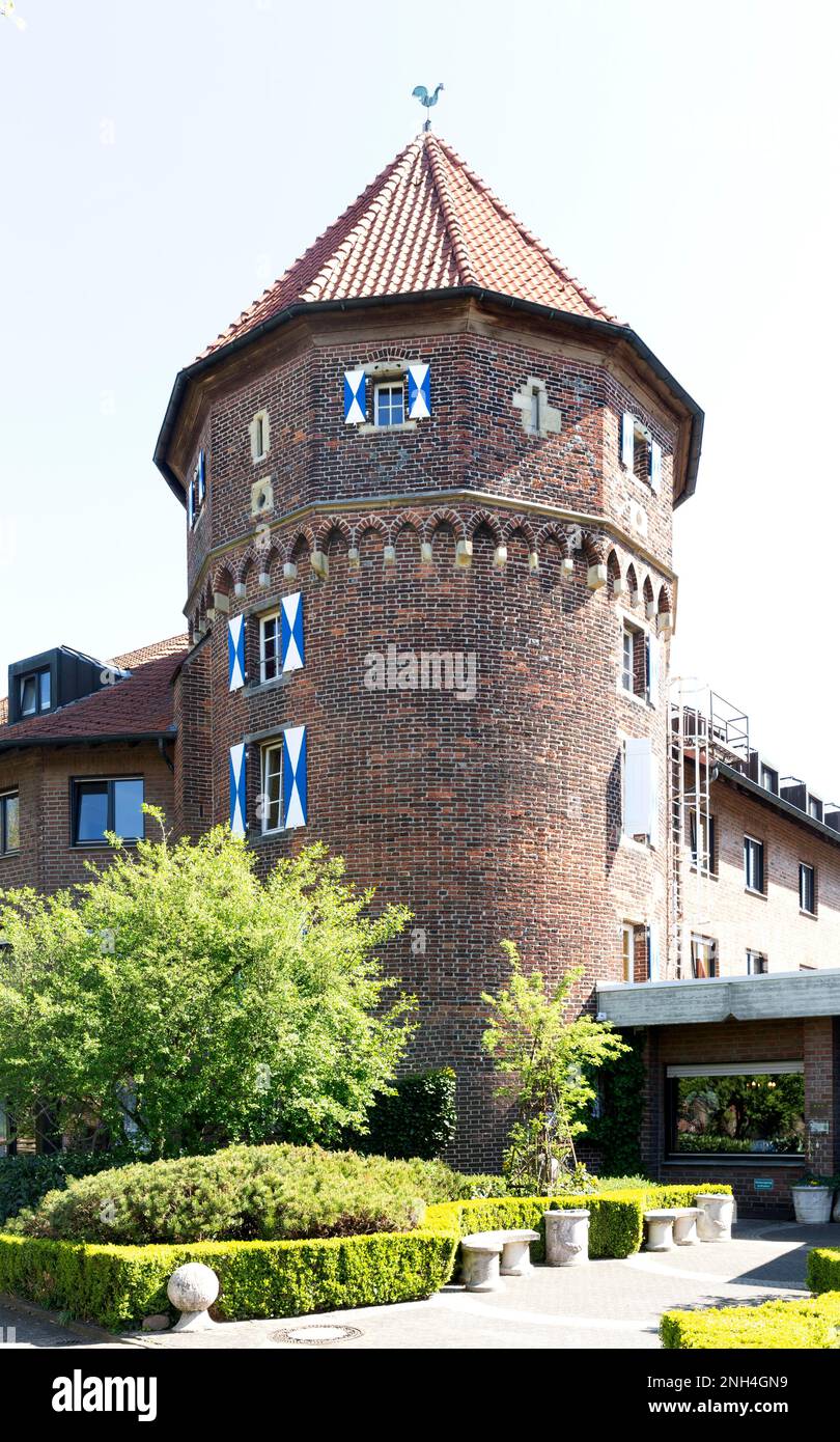 Burghotel, brick tower of the former Oeding moated castle, Oeding, Suedlohn, Muensterland, North Rhine-Westphalia, Germany Stock Photo