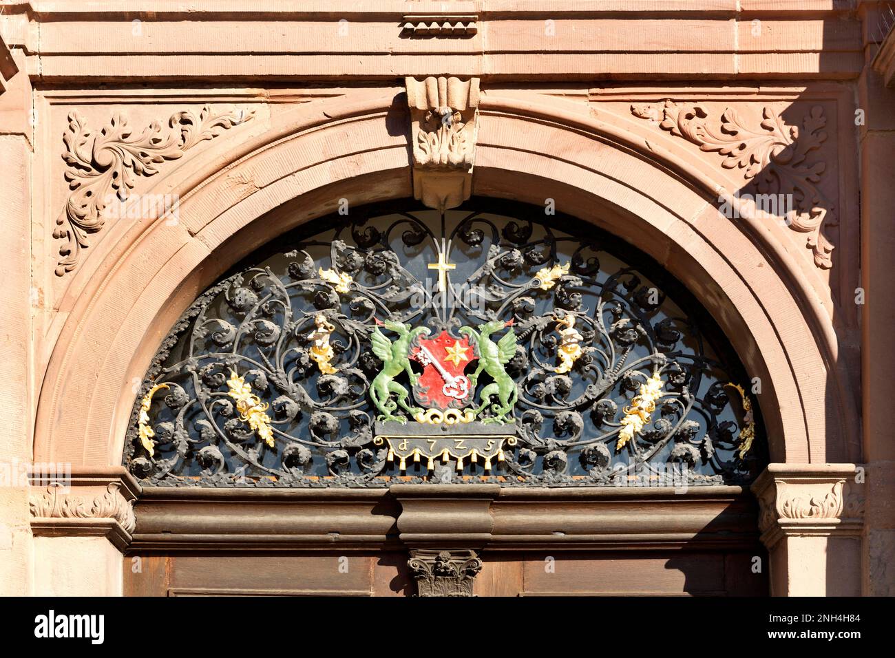 Protestant Trinity Church, entrance portal with coat of arms, Worms, Rhineland-Palatinate, Germany Stock Photo