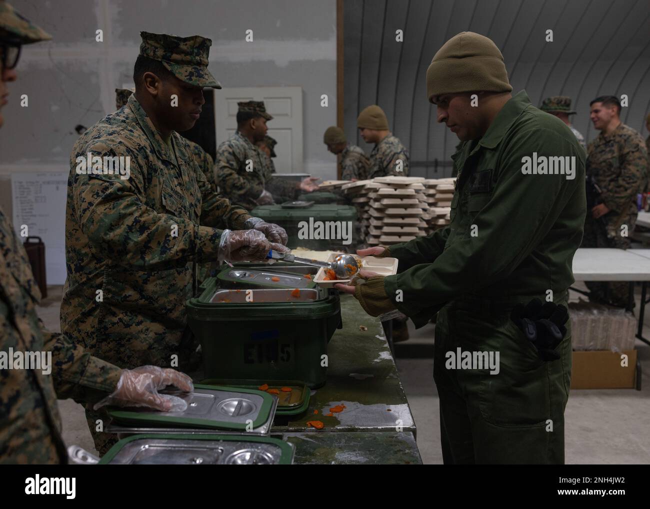 U.S. Marine Corps Lance Cpl. Kenneth Moreno, a Bronx, New York native and a food services specialist with Marine Wing Support Squadron 272 (MWSS-272), 26th Marine Expeditionary Unit, serves food to Marines at Marine Corps Auxiliary Landing Field Bogue during Marine Expeditionary Unit Exercise (MEUEX) I, Dec. 12, 2022. Food service specialists’ mission is to ensure Marines in garrison or field operations are fed so they have the energy to complete their mission. Stock Photo