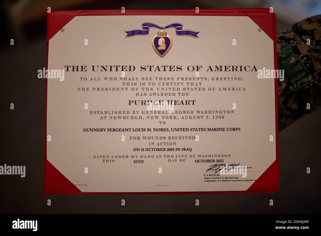 Gunnery Sgt. Louis M. Nokes' Purple Heart citation at Marine Corps ...
