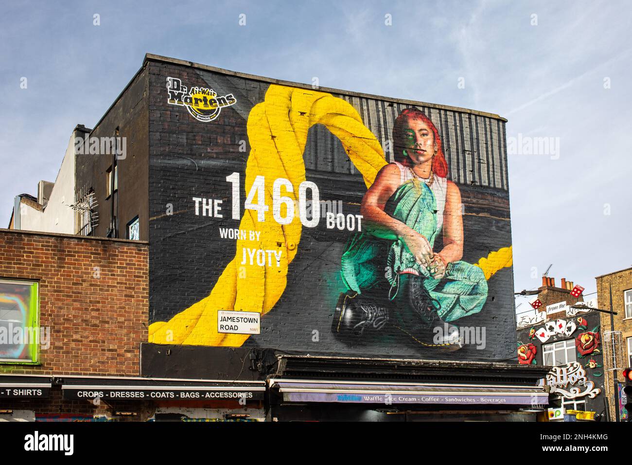 Mural ad of Jyoty Singh wearing Dr. Martens 1460 boots in Camden Town of London, England Stock Photo
