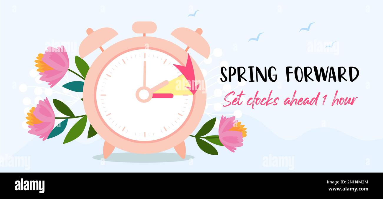 Daylight Saving Time Begins banner. Spring Forward. Reminder guide with clocks change one hour ahead. Vector illustration Stock Vector