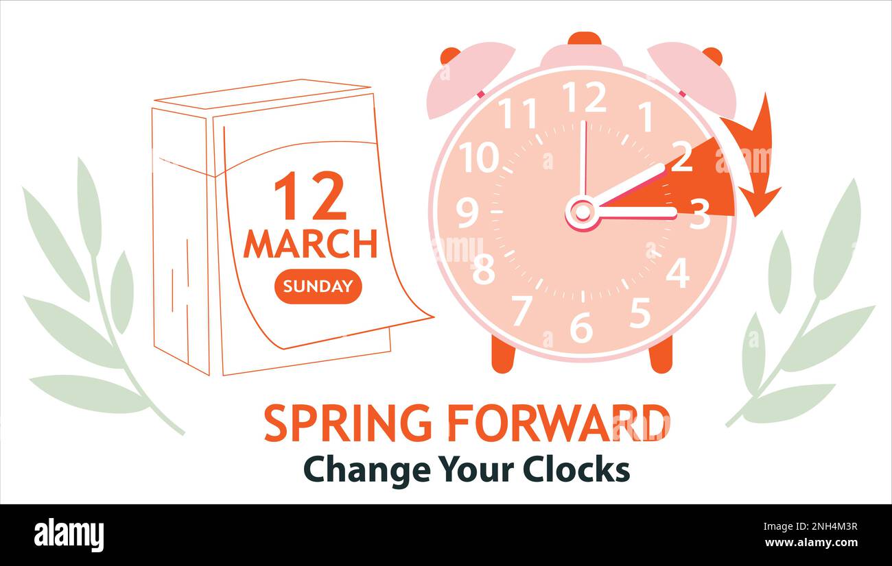 Daylight Saving Time Begins 2023 web banner with clocks and calendar date. Spring forward guide