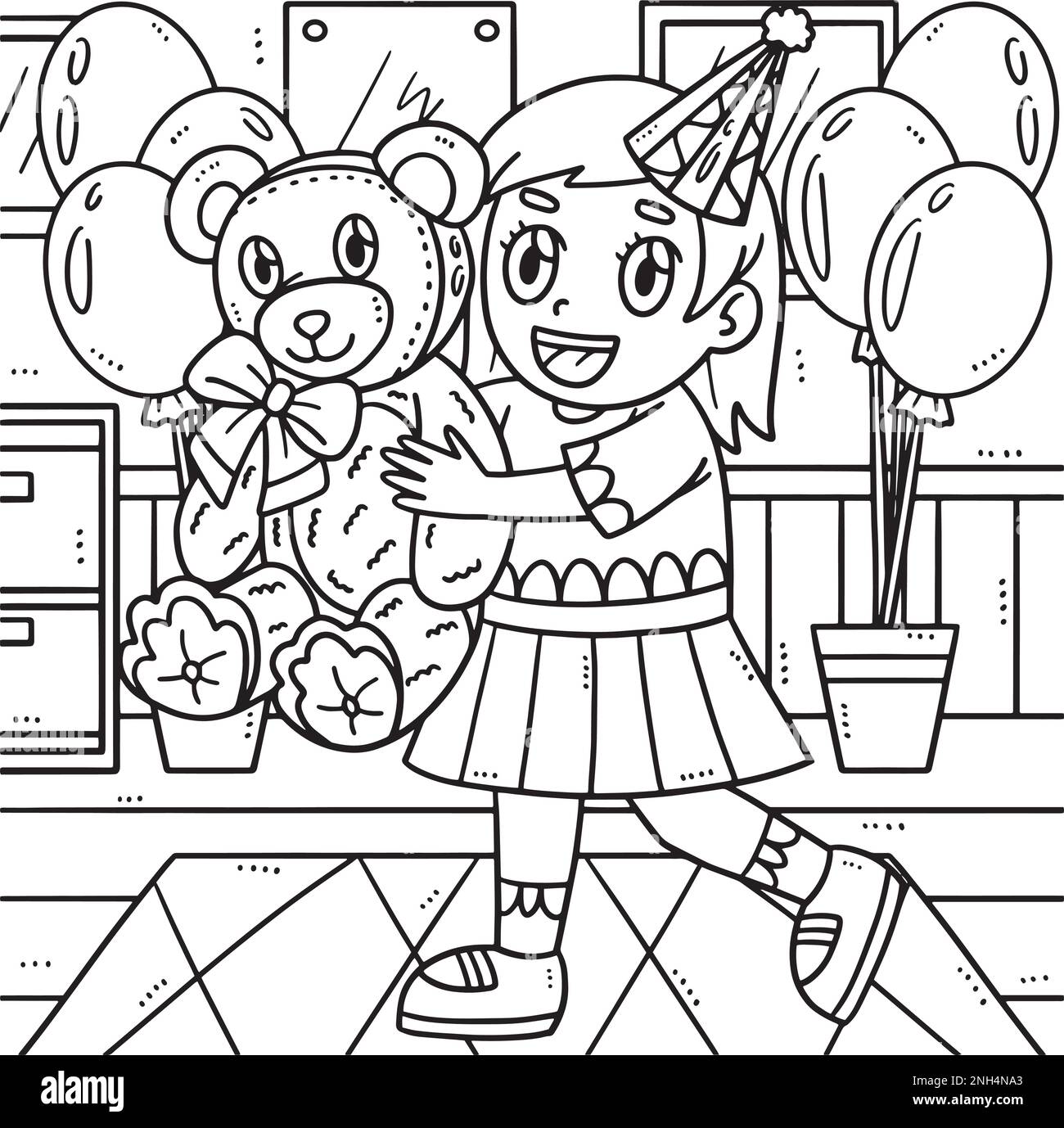 Birthday Girl Holding Teddy Bear Coloring Page Stock Vector