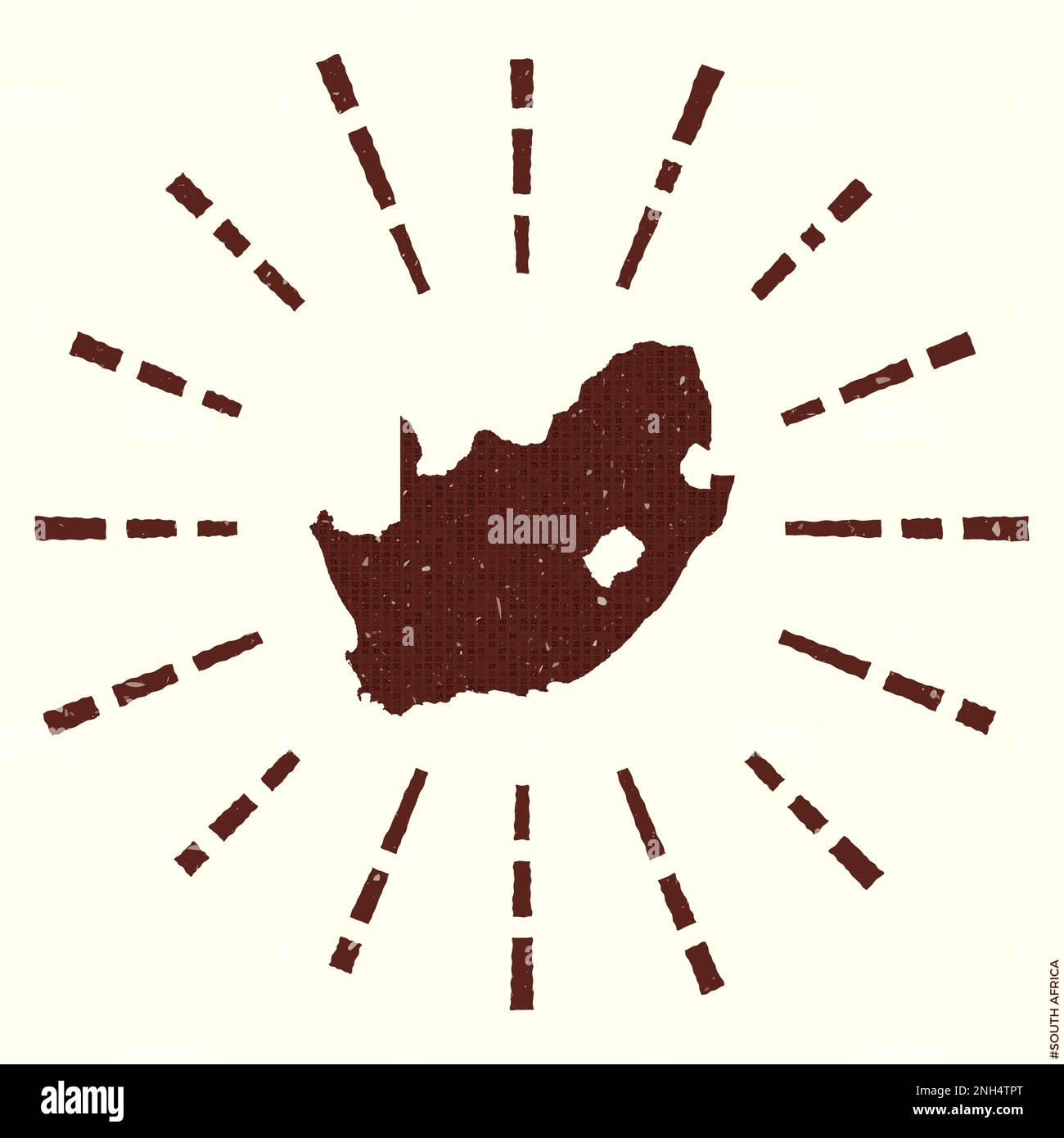South Africa Logo. Grunge sunburst poster with map of the country. Shape of South Africa filled with hex digits with sunburst rays around. Artistic ve Stock Vector