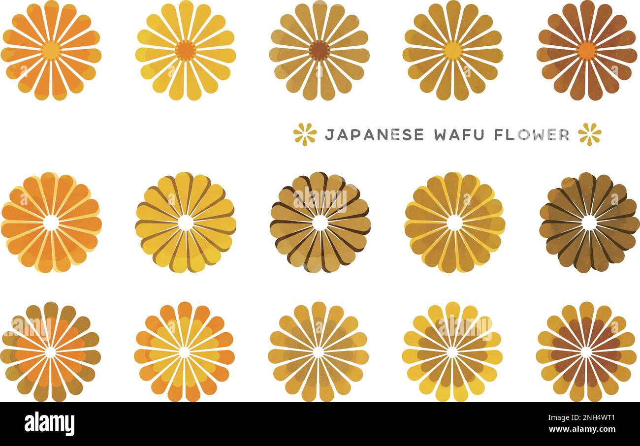 Icon set of gold flowers in various colors and patterns. Vector illustration isolated on a white background. Stock Vector