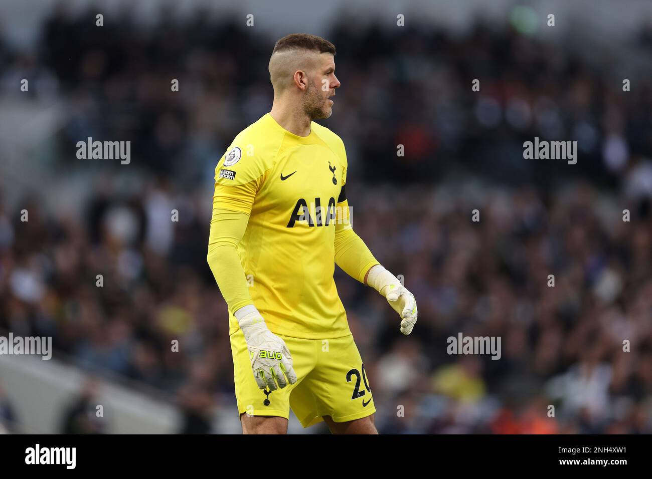 London, UK. 19th Feb, 2023. Fraser Forster, the goalkeeper of Tottenham Hotspur looks on. Premier League match, Tottenham Hotspur v West Ham Utd at the Tottenham Hotspur Stadium in London on Sunday 19th February 2023. this image may only be used for Editorial purposes. Editorial use only, license required for commercial use. No use in betting, games or a single club/league/player publications. pic by Andrew Orchardr/Andrew Orchard sports photography/Alamy Live news Credit: Andrew Orchard sports photography/Alamy Live News Stock Photo