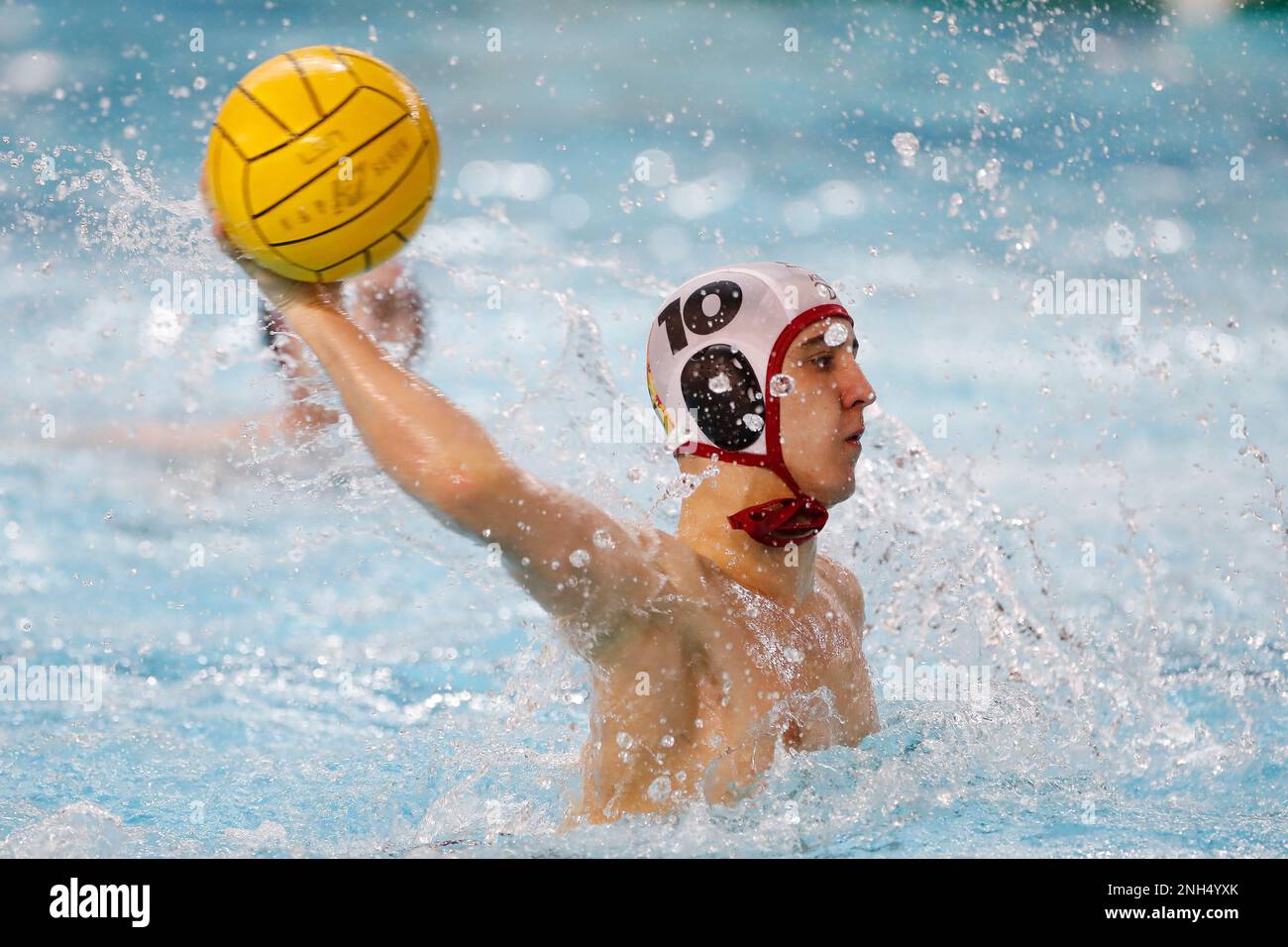 Belgrade, Serbia, 18 February 2023. Marko Radulovic of VK Radnicki shoots on goal during the LEN Men's Water Polo Champions League match between VK Radnicki vs Olympiacos at Gradski Bazeni in Kragujevac, Serbia. February 18, 2023. Credit: Nikola Krstic/Alamy Stock Photo