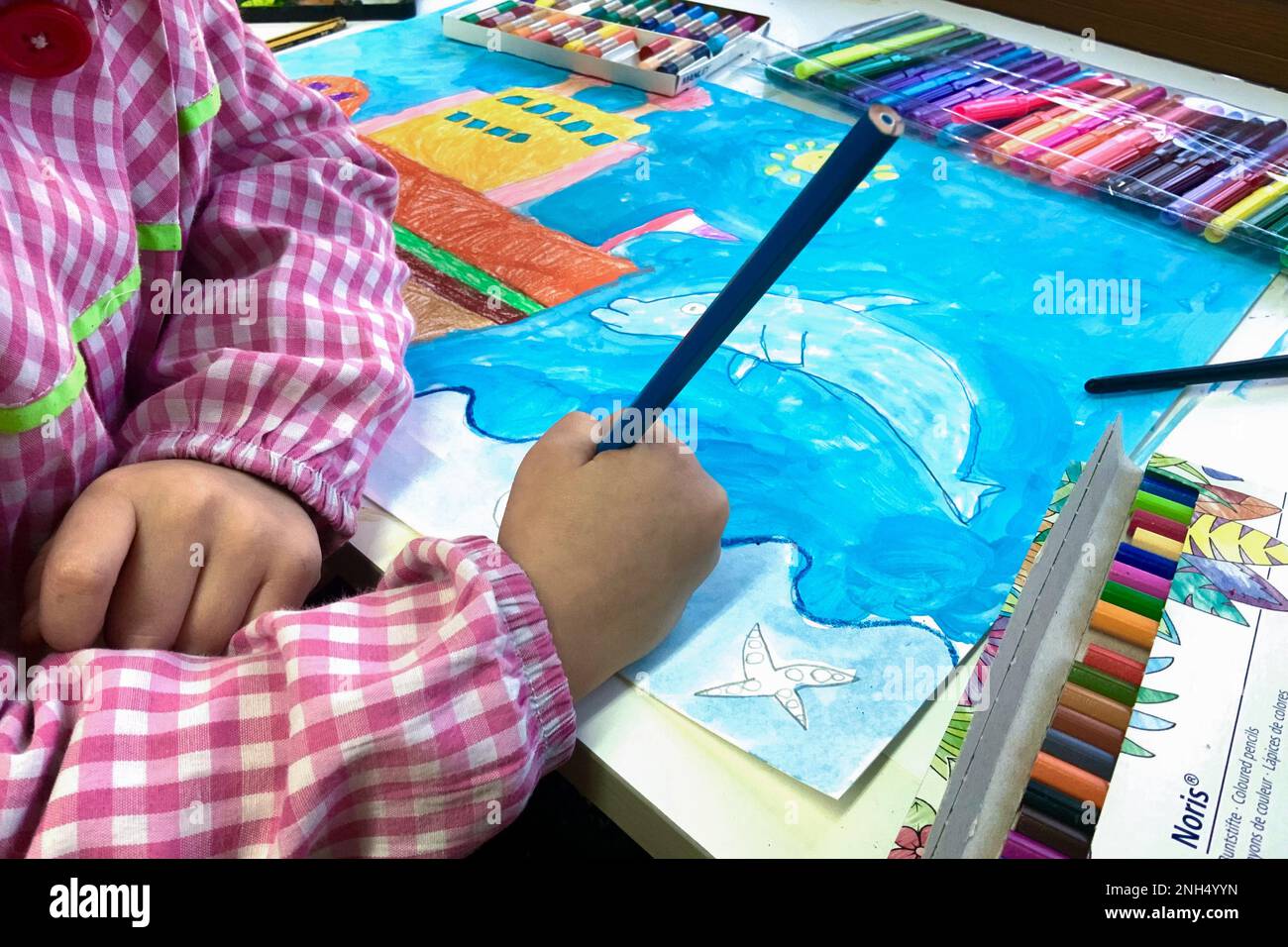 Creative kids, painting and drawing. Colorful paints and brushes on green  color background, empty blank paper, copy space, template. Education, Back  t Stock Photo - Alamy