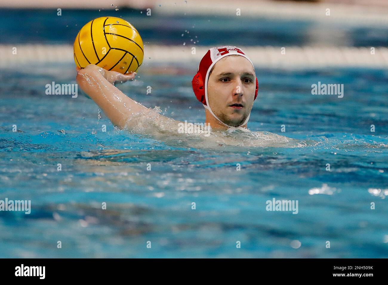 Belgrade, Serbia, 18 February 2023. Goalkeeper Marko Bijac of Olympiacos Piraeus reacts during the LEN Men's Water Polo Champions League match between VK Radnicki vs Olympiacos at Gradski Bazeni in Kragujevac, Serbia. February 18, 2023. Credit: Nikola Krstic/Alamy Stock Photo