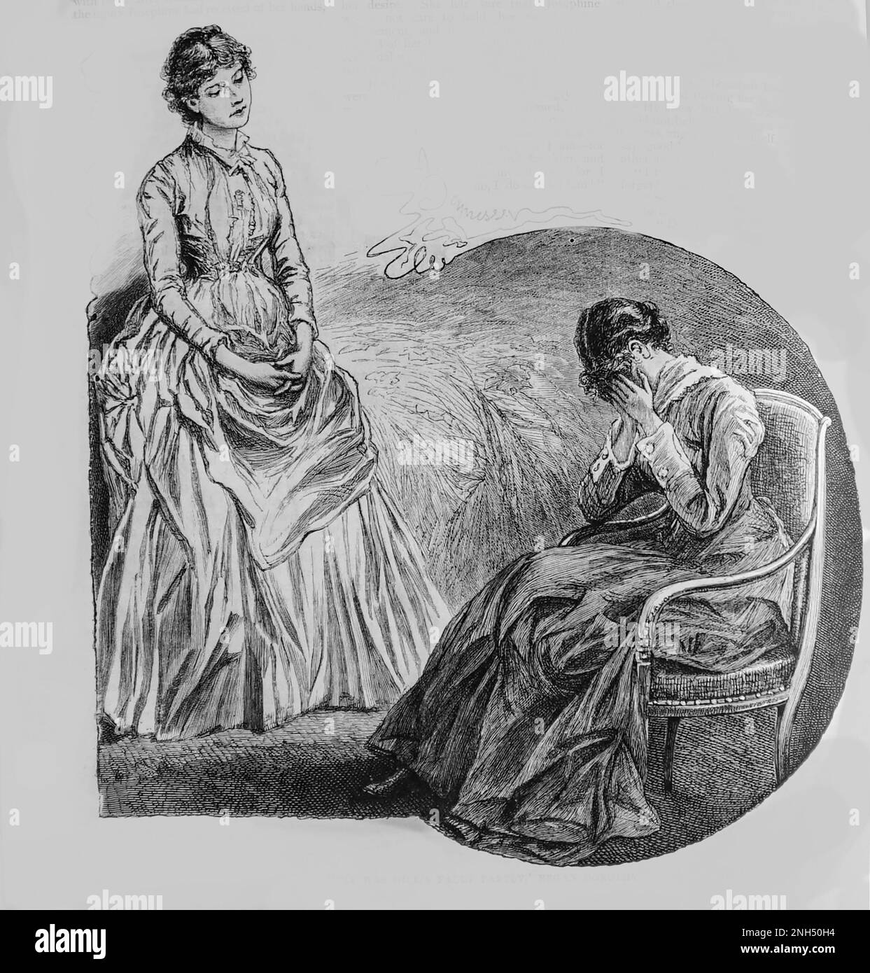 A 19th Century sketch of  two young women, one head in hand, discussing a disagreement between them, from the Girls Own Paper of 1888. Stock Photo
