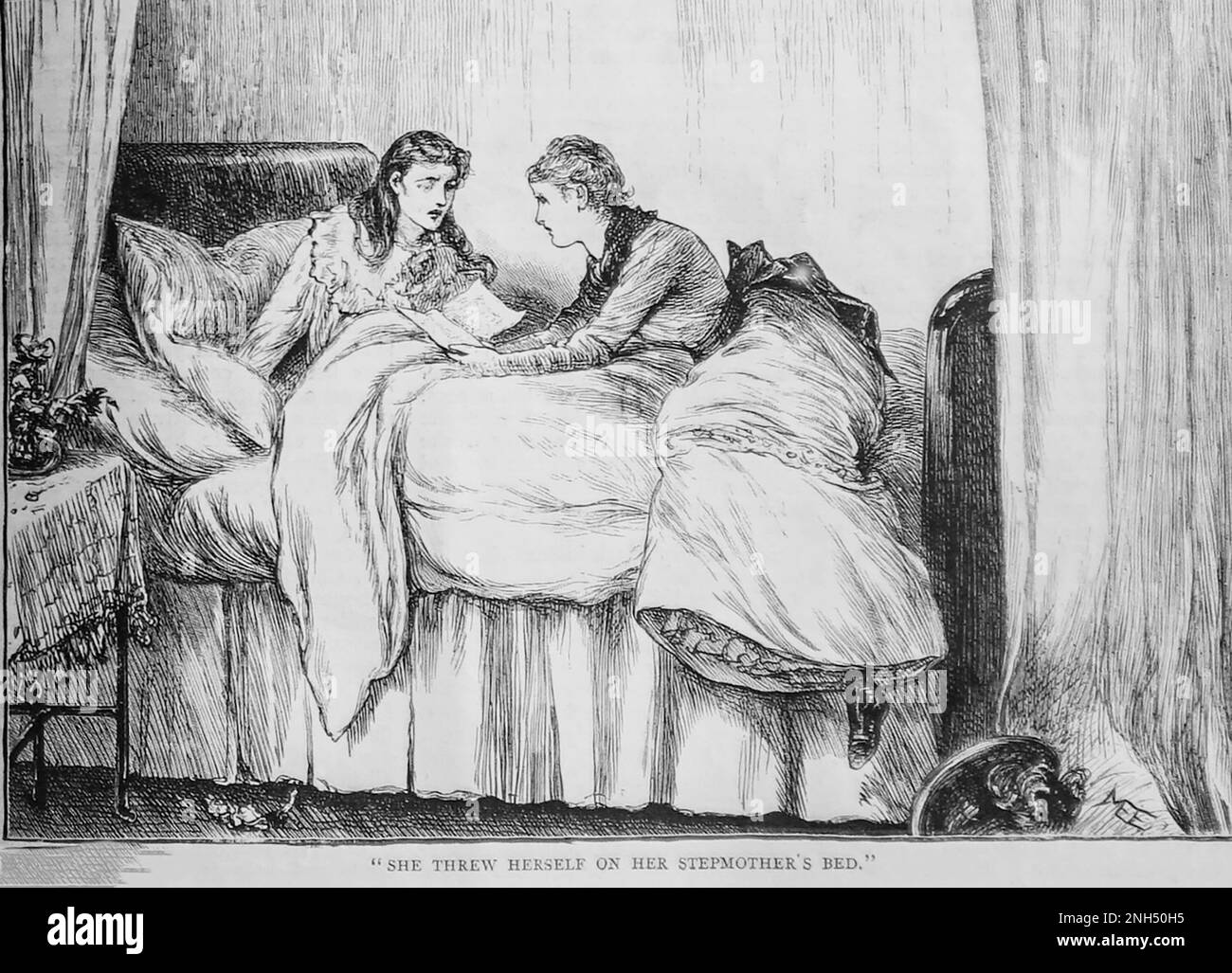 A 19th century sketch from The Girls Own Paper of !888 entitled, She Threw Herself on her Stepmother’s Bed, showing a young woman who had just received bad news. Stock Photo