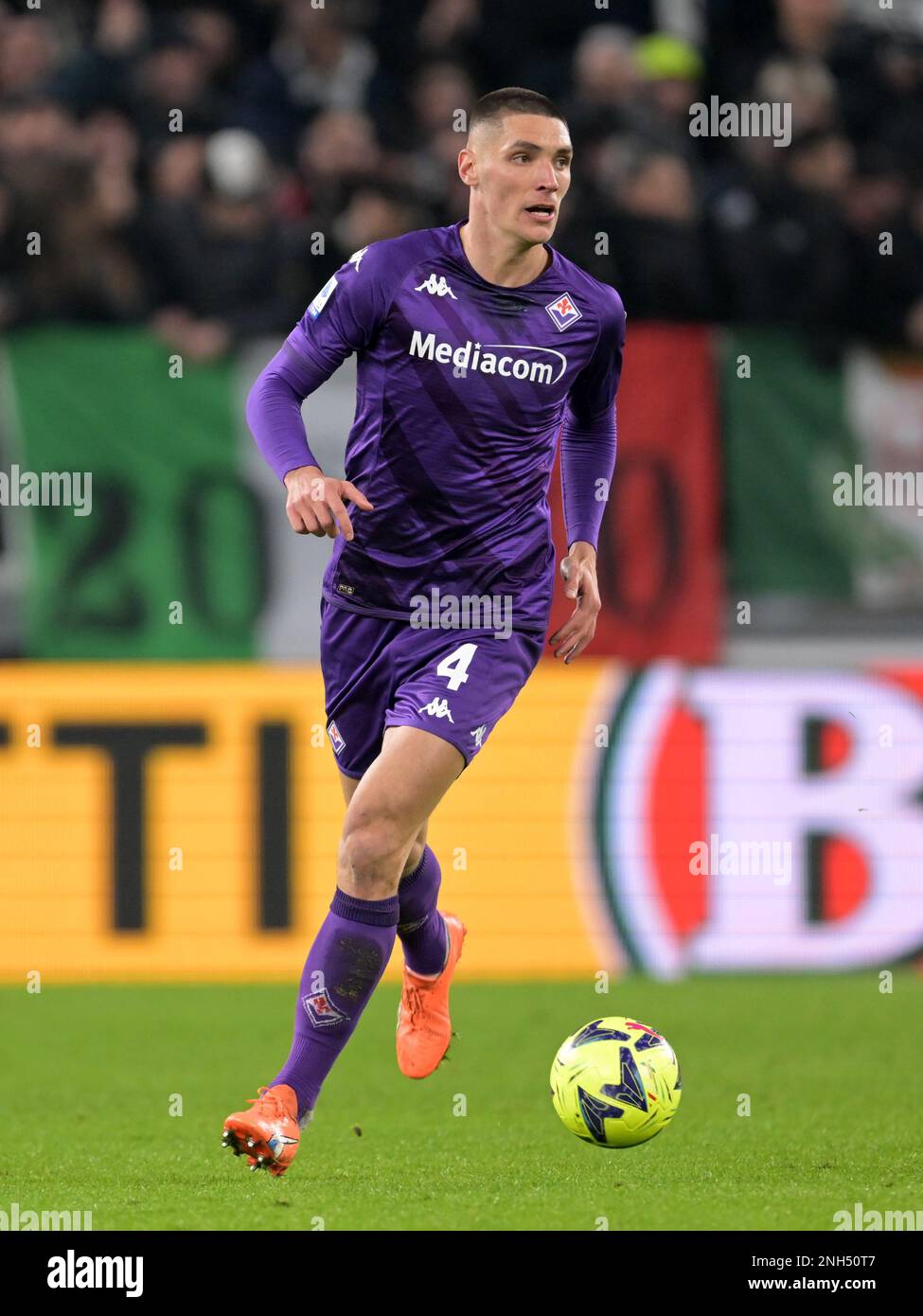 Florence, Italy. 21st May, 2022. Moise Kean of Juventus FC and Nikola  Milenkovic of ACF Fiorentina compete for the ball during the Serie A  2021/2022 football match between ACF Fiorentina and Juventus