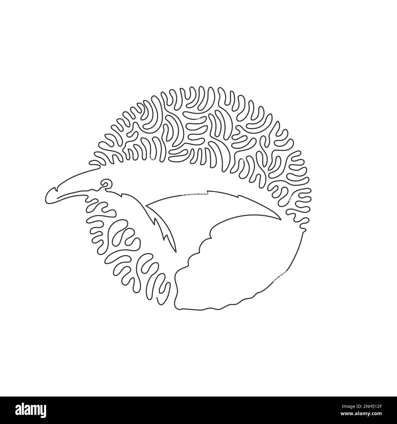 Single curly one line drawing of anteater has long heads. Continuous line drawing graphic design vector illustration of long snouted mammal Stock Vector