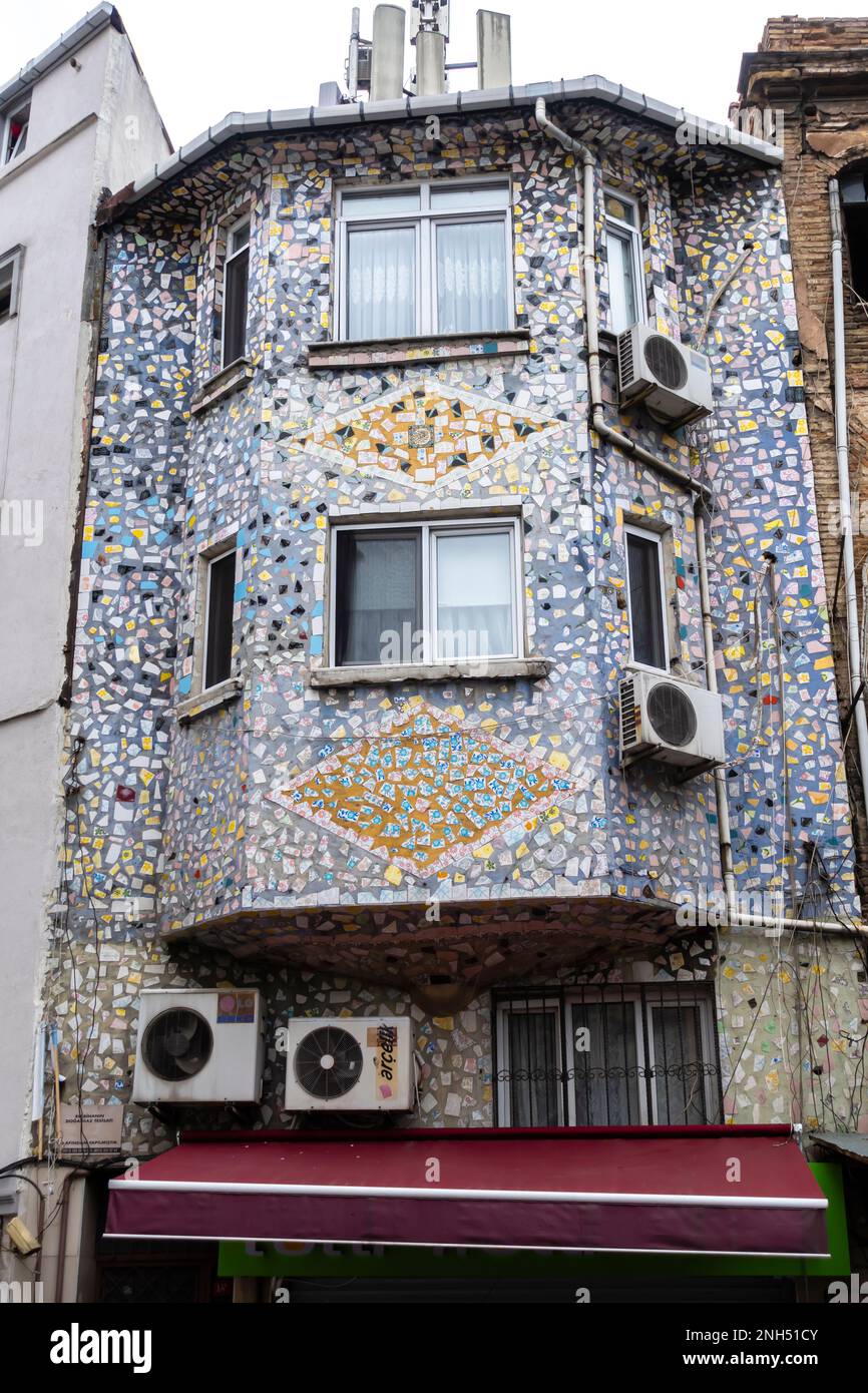 Tiled houses Istanbul. Mosaics tiled building facades in Dolapdere Beyoğlu Istanbul Turkey Stock Photo