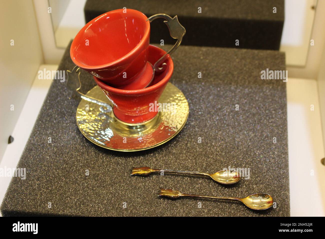 Two red tea cups with spoons in Istanbul, Turkey Stock Photo