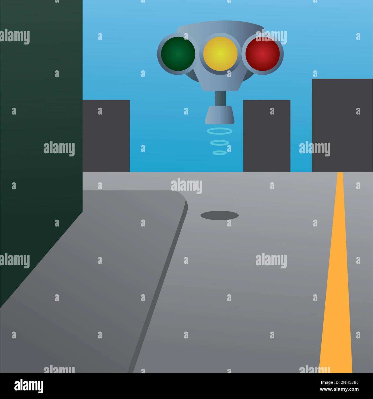 Flying traffic light robot on an empty street Vector Stock Vector Image