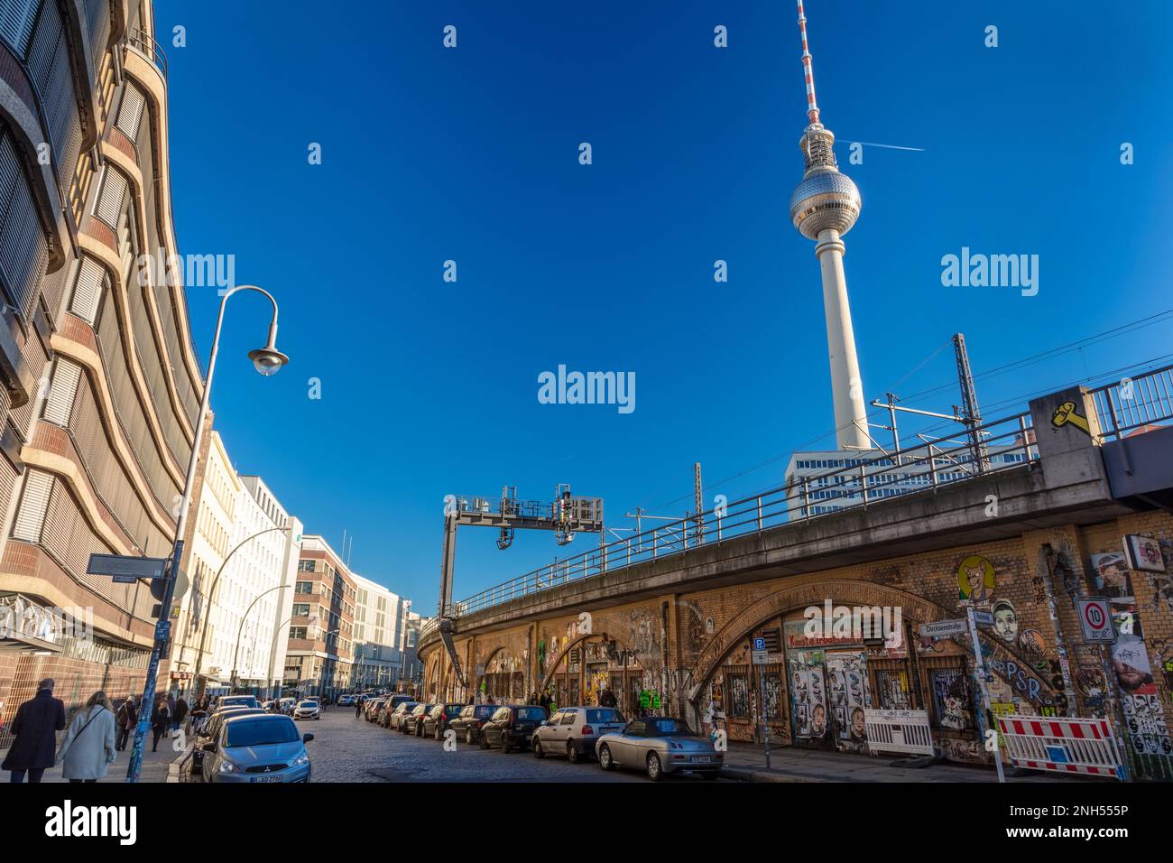DIRCKSENSTRASSE, BERLIN, GERMANY, 16 FEBRUARY 2019: S-Bahn Elevated Railway line, Berliner Fernsehturm Television Tower, Berlin, Germany Stock Photo
