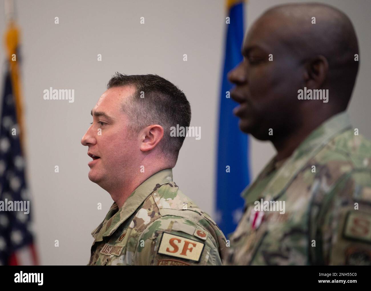 Maj. David Ratté, 436th Security Forces Squadron commander, sings the Air Force Song during a change of command ceremony held at The Landings on Dover Air Force Base, Delaware, June 21, 2022. Ratté was previously the 768th Expeditionary Air Base Squadron defense force commander. Stock Photo