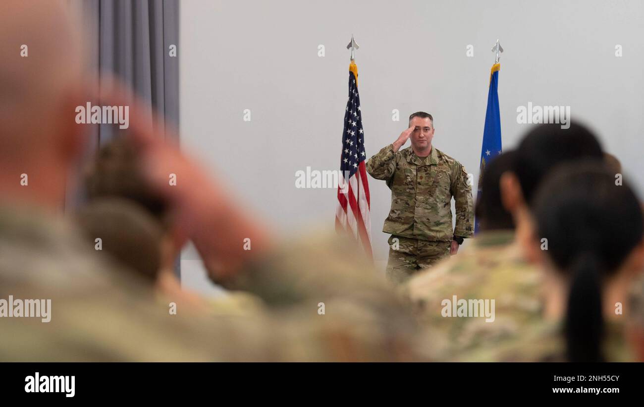 Maj. David Ratté, 436th Security Forces Squadron commander, receives a first salute from his unit during a change of command ceremony held at The Landings on Dover Air Force Base, Delaware, June 21, 2022. Ratté was previously the 768th Expeditionary Air Base Squadron defense force commander. Stock Photo