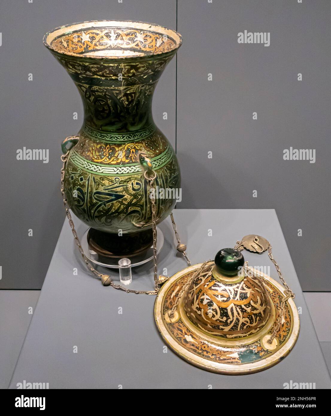 Glass mosque lamp. Mamluk period. 14th century. Museum of Turkish and Islamic Arts in Istanbul, Stock Photo