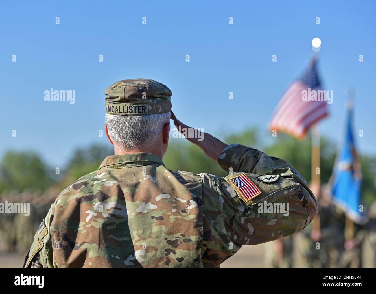 U.S. Army Lt. Col. John McAllister, incoming 344th Military Intelligence Battalion commander, salutes the flag during the 344th MI BN change of command ceremony at Fort Concho, San Angelo, Texas, June 21, 2022. McAllister was previously stationed at Fort Hood, Texas. Stock Photo