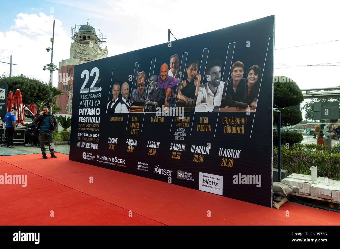 Billboard on the ground announcing 22nd Antalya piano music festival. Turkey Stock Photo