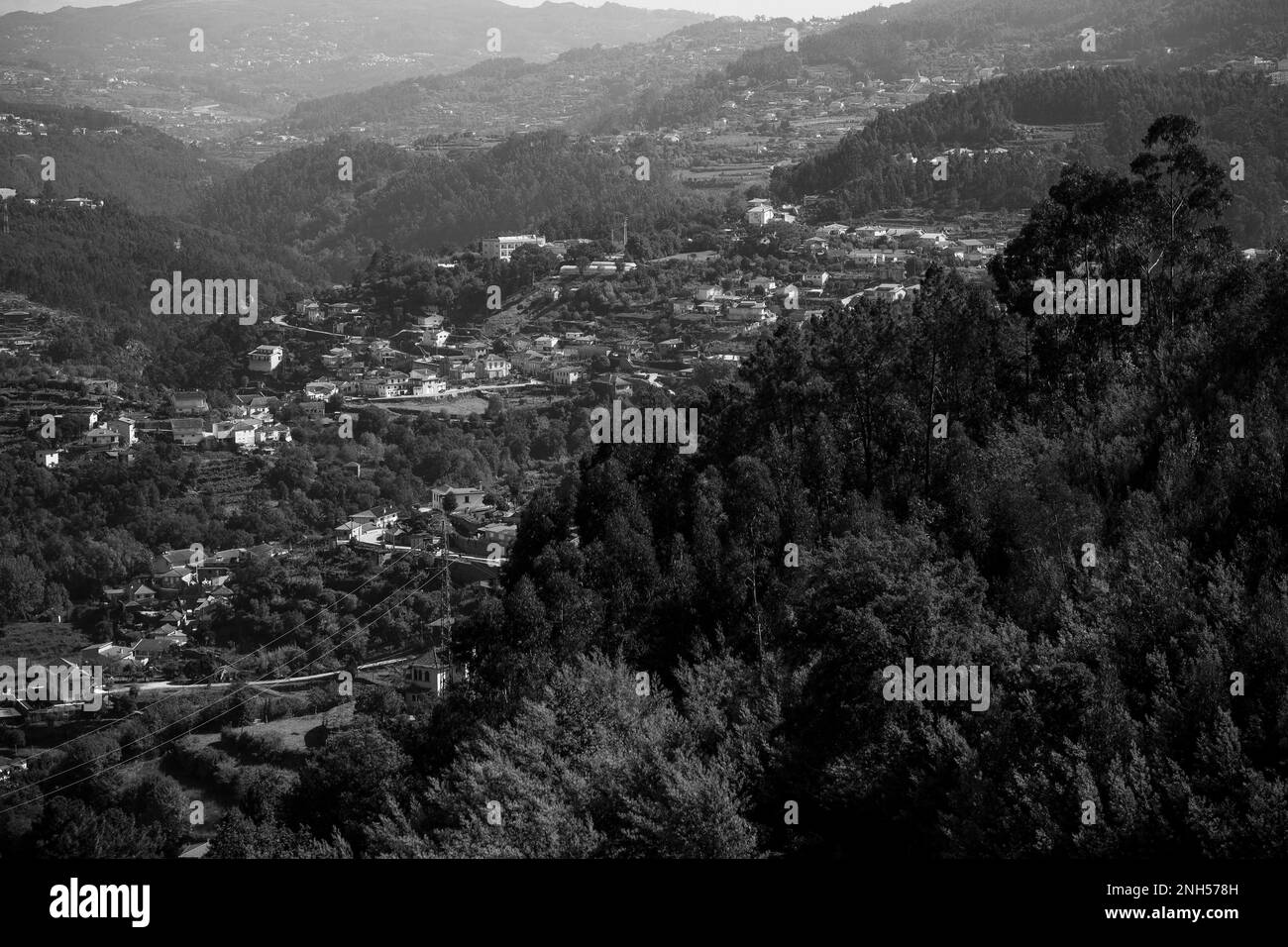 View of countryside of the Douro Valley, Portugal.. Black and white photo. Stock Photo