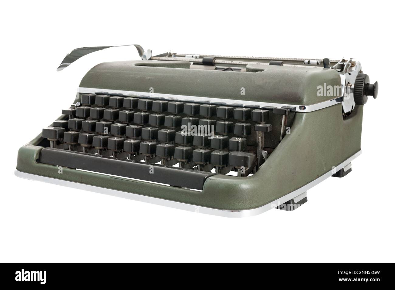 Old green mechanical typewriter with black keys and the twotone ribbon