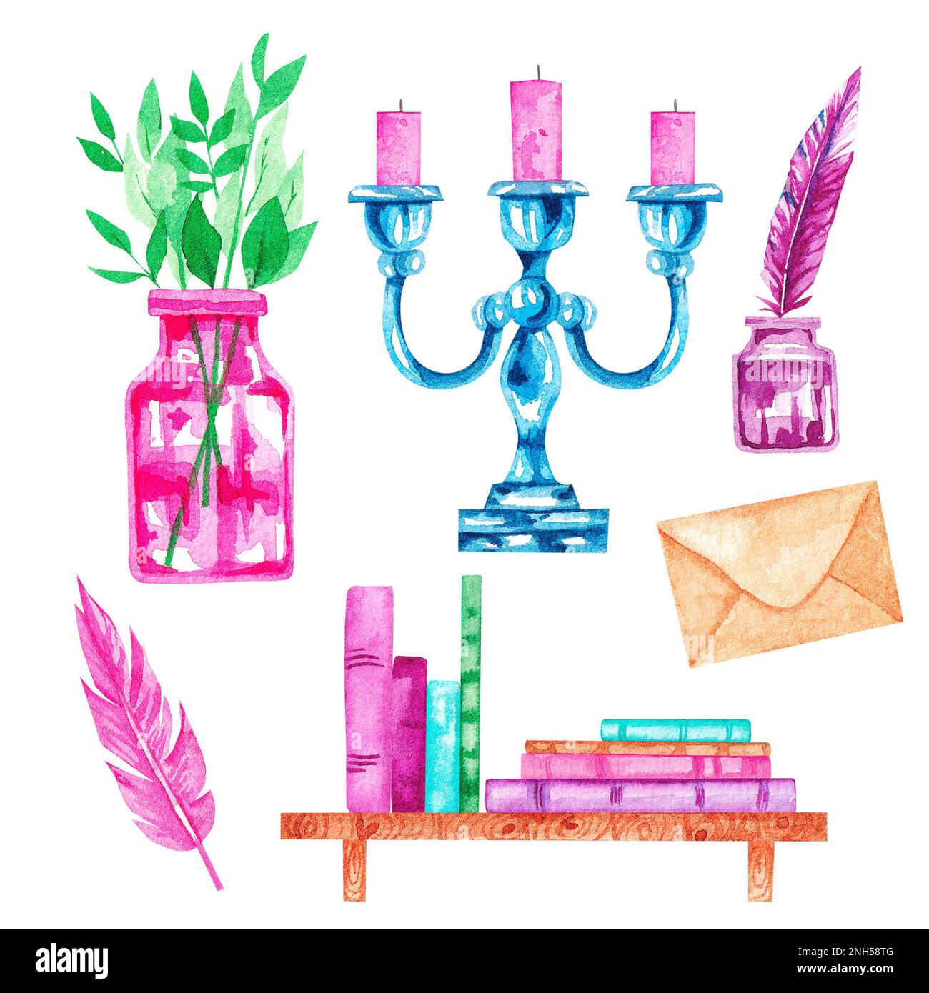 Watercolor set with books on a white background. Vase with plants, Candle holder, shelf, books