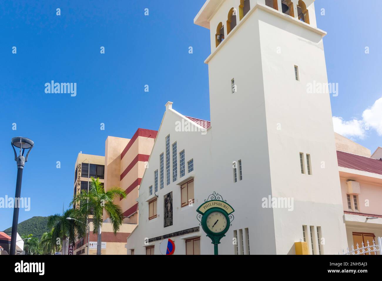 Saint Martin of Tours Catholic Church and town clock, Front Street, Philipsburg, St Maarten, Saint Martin, Lesser Antilles, Caribbean Stock Photo