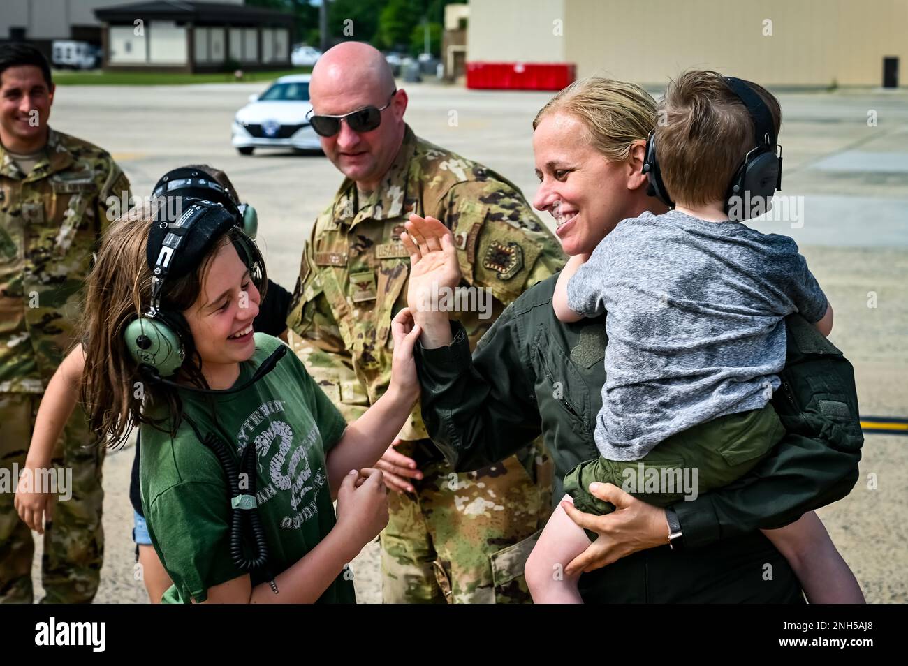 U.S. Air Force Colonel Michele Lo Bianco, 305th Operations Group commander, embraces her son following a fini flight on June 21, 2022 at Joint Base McGuire-Dix-Lakehurst, N.J. Lo Bianco will serve as the 15th Wing commander at Joint Base Pearl Harbor-Hickam. Stock Photo