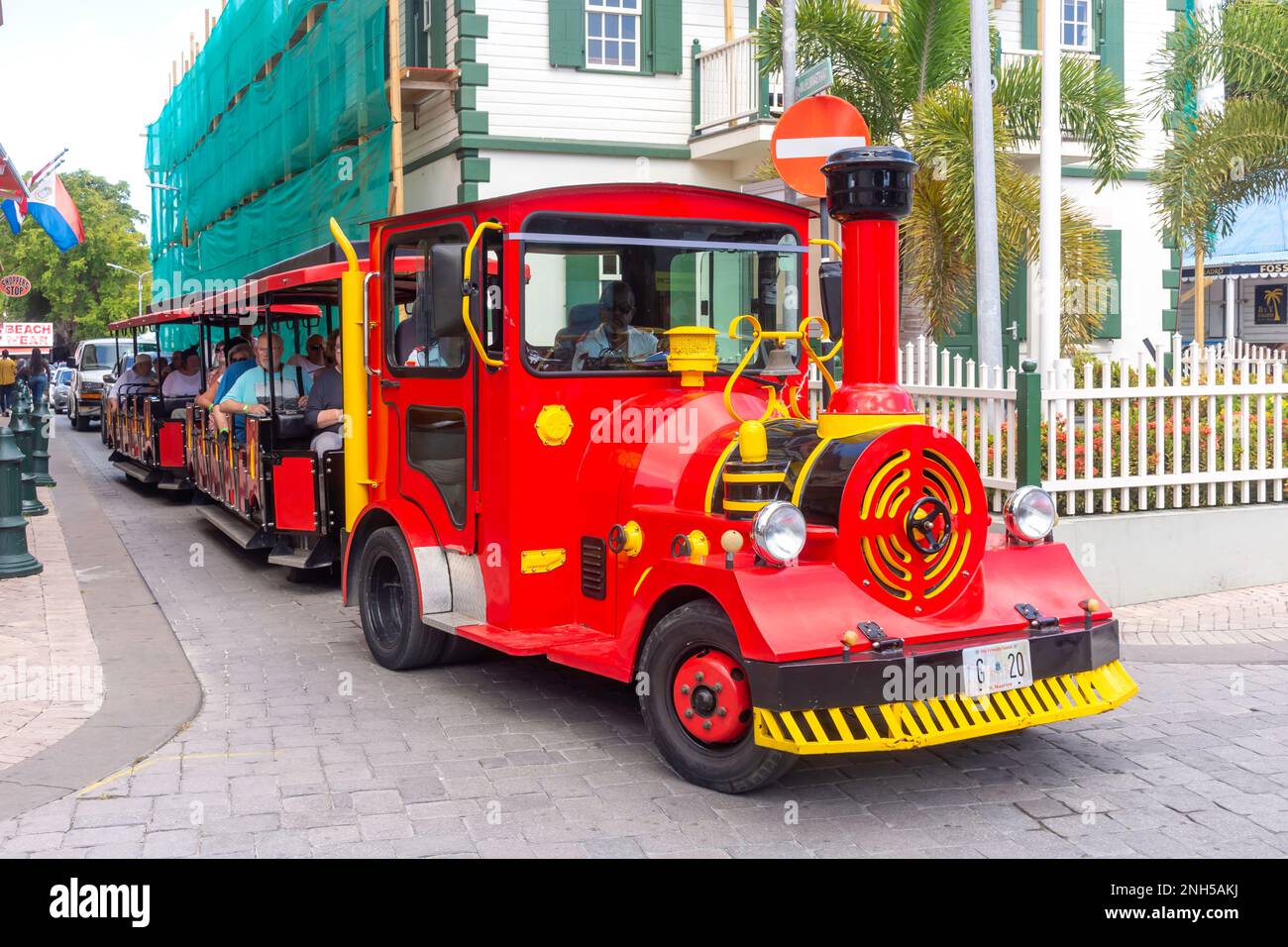 Promenade train with tourists, Front Street (shopping street), Philipsburg, St Maarten, Saint Martin, Lesser Antilles, Caribbean Stock Photo