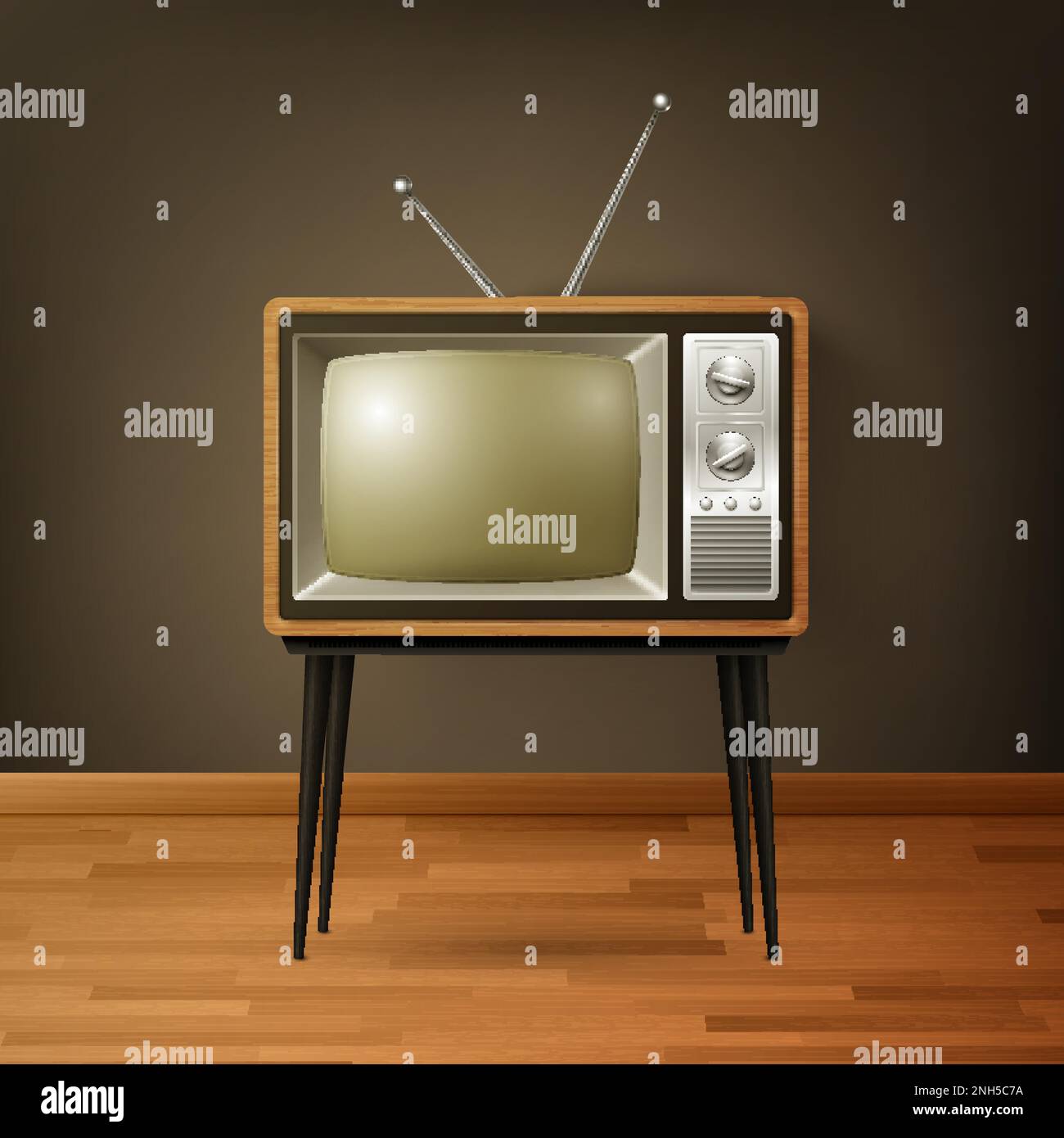 Vector 3d Realistic Brown Wooden Retro TV Receiver on Wooden Floor. Home Interior Design Concept. Vintage TV Set, Television, Front View Stock Vector