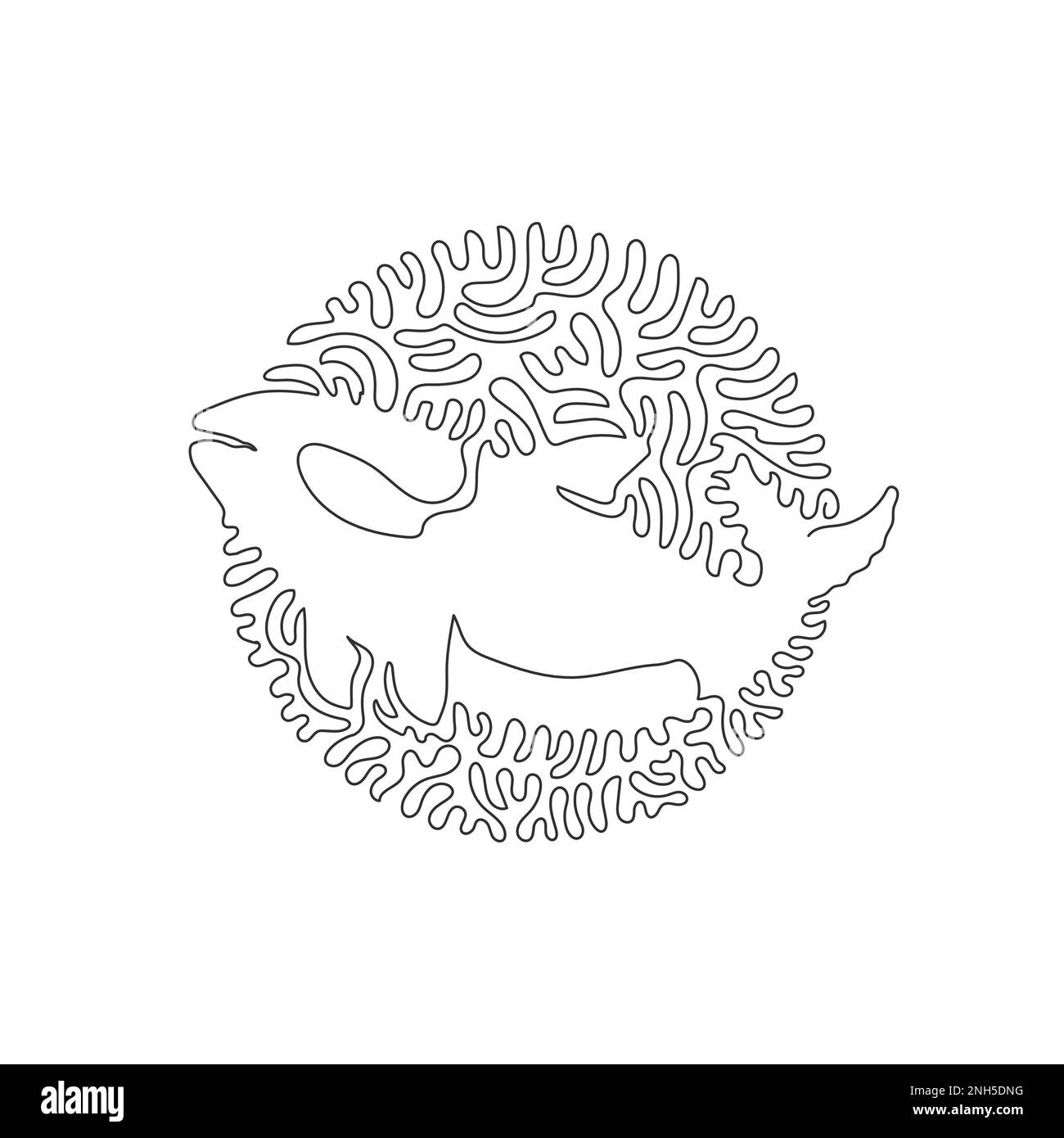 Continuous curve one line drawing of dangerous orca abstract art in circle. Single line editable stroke vector illustration of gruesome orca for logo Stock Vector