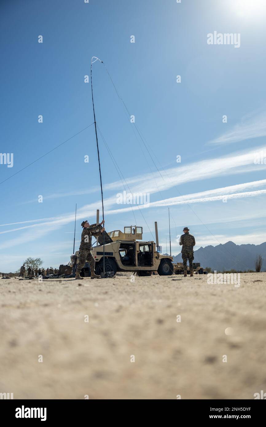 U.S. Marines with 3d Littoral Anti-Air Battalion, 3d Marine Littoral Regiment, 3d Marine Division, prepare to displace during Marine Littoral Regiment Training Exercise (MLR-TE) at Marine Corps Air Station Yuma, Arizona, Feb. 10, 2023. MLR-TE is a large-scale, service-level exercise designed to train, develop, and experiment with the 3d MLR as part of a Marine Air-Ground Task Force operating as a Stand-in Force across a contested and distributed maritime environment. (U.S. Marine Corps photo by Sgt. Israel Chincio) Stock Photo