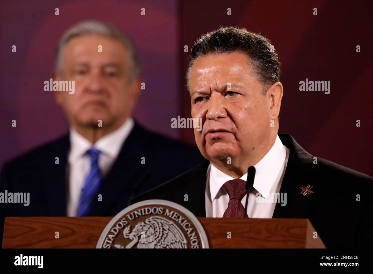 February 20, 2023 in Mexico City, Mexico: Enrique Mayorga, president of the Mexican  Baseball Federation (FEMEBE), Horacio de la Vega, president of the Mexican  Baseball League (LMB), during a press conference for