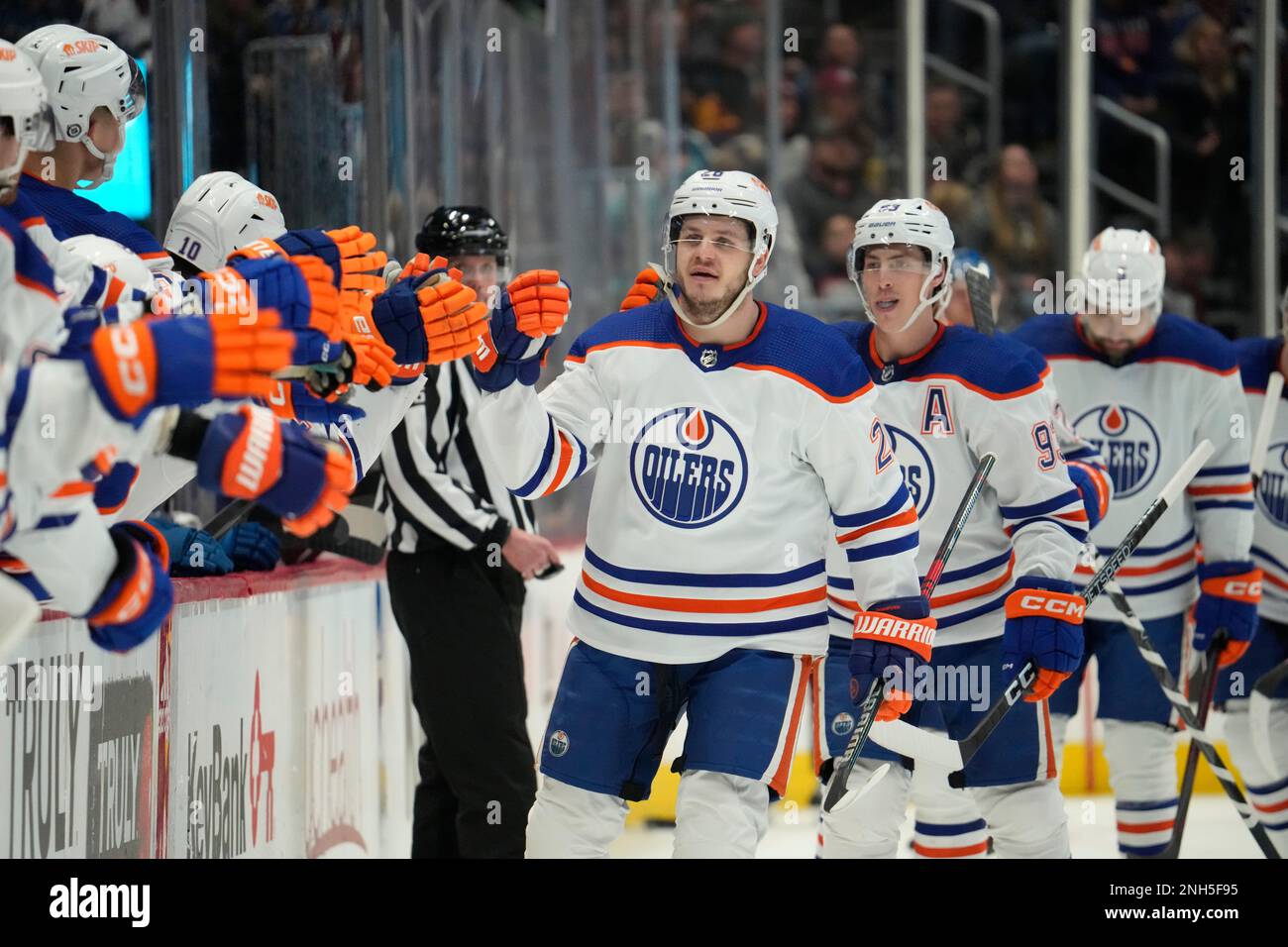 Edmonton Oilers center Mattias Janmark, right, is congratulated as he