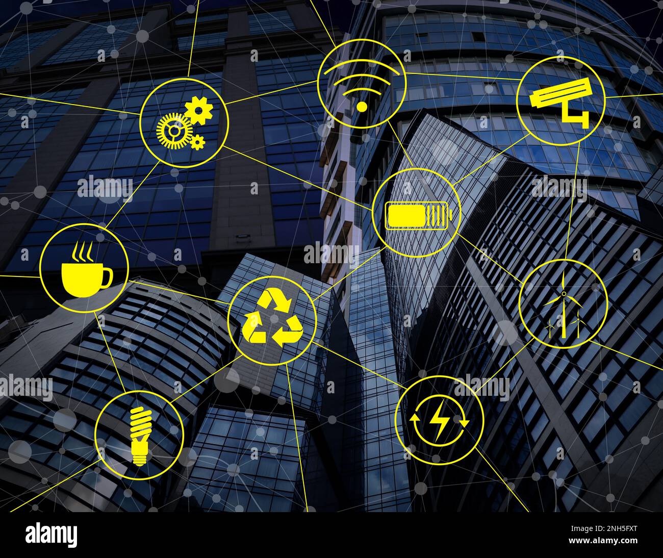 Different virtual icons and modern buildings on background. Smart city ...
