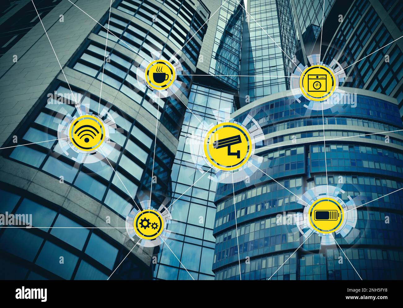 Different virtual icons and modern buildings on background. Smart city ...